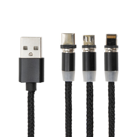 Кабель магнитный для зарядки 3 в 1 USB 2.0-Micro USB/Type-C/Ligtning, 1 м, SONNEN, черный, 513561