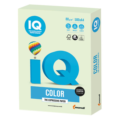 Бумага цветная IQ color, А4, 80 г/м2, 500 л., пастель, светло-зеленая, GN27