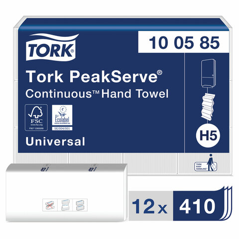 Полотенца бумажные 410 шт., TORK (Система H5) PeakServe, Universal, КОМПЛЕКТ 12 шт., 22,5x20 см, W, 100585