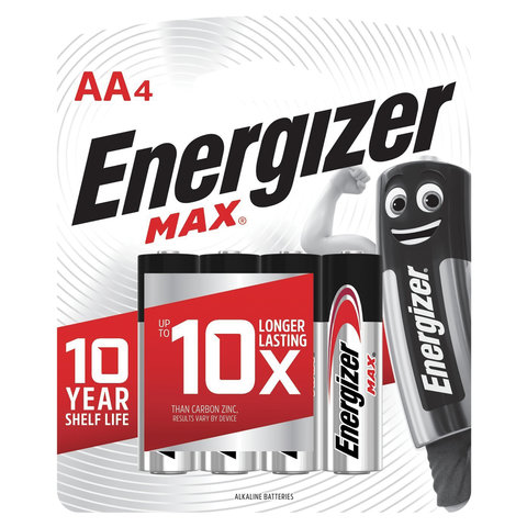 Батарейки КОМПЛЕКТ 4 шт., ENERGIZER Max, AA (LR06, 15А), алкалиновые, пальчиковые, блистер, E300157104