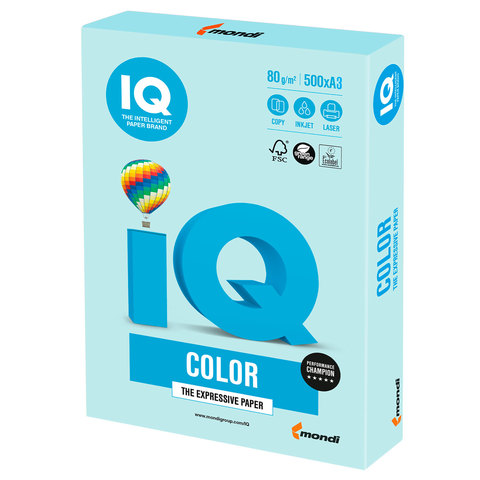 Бумага цветная IQ color БОЛЬШОЙ ФОРМАТ (297х420 мм), А3, 80 г/м2, 500 л., пастель, светло-голубая, BL29