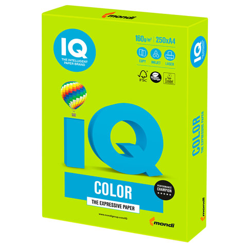 Бумага цветная IQ color, А4, 160 г/м2, 250 л., интенсив, зеленая липа, LG46