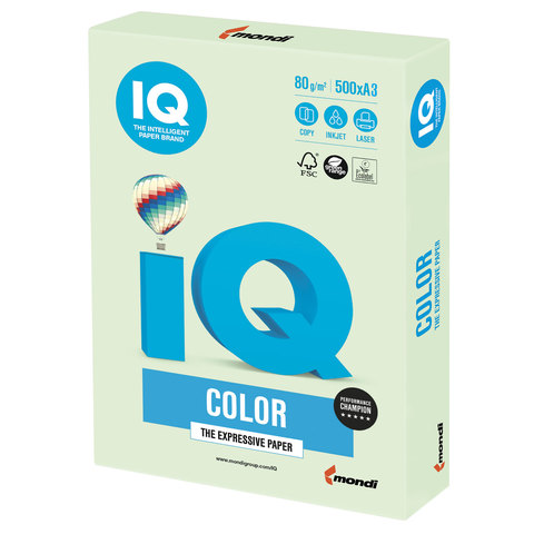 Бумага цветная IQ color БОЛЬШОЙ ФОРМАТ (297х420 мм), А3, 80 г/м2, 500 л., пастель, светло-зеленая, GN27